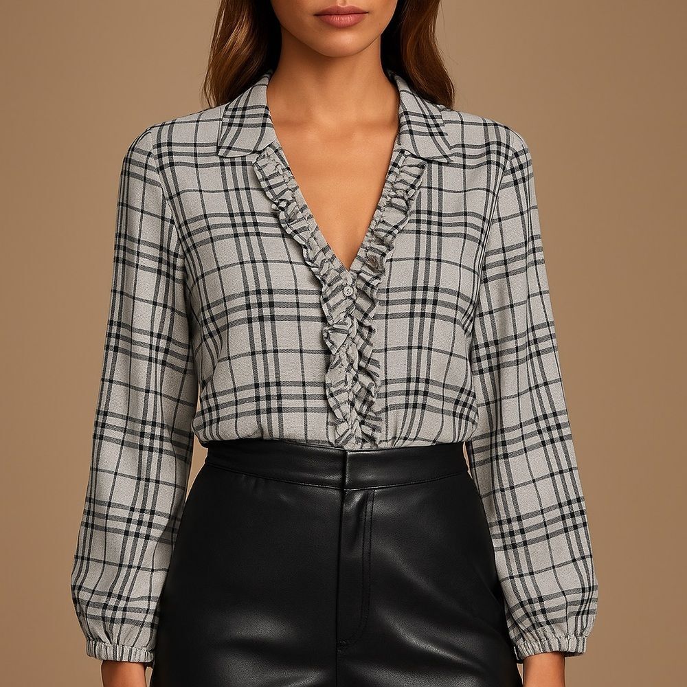 Majorelle Marina Plaid Ruffle Front Button Down Blouse Shirt Gray Black Medium